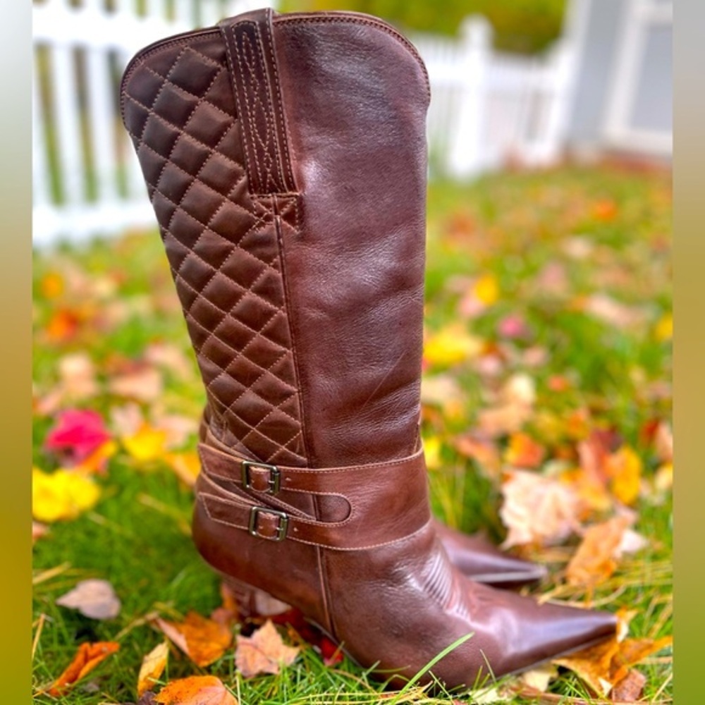 Quilted Brown Leather Knee-High Heeled Boots